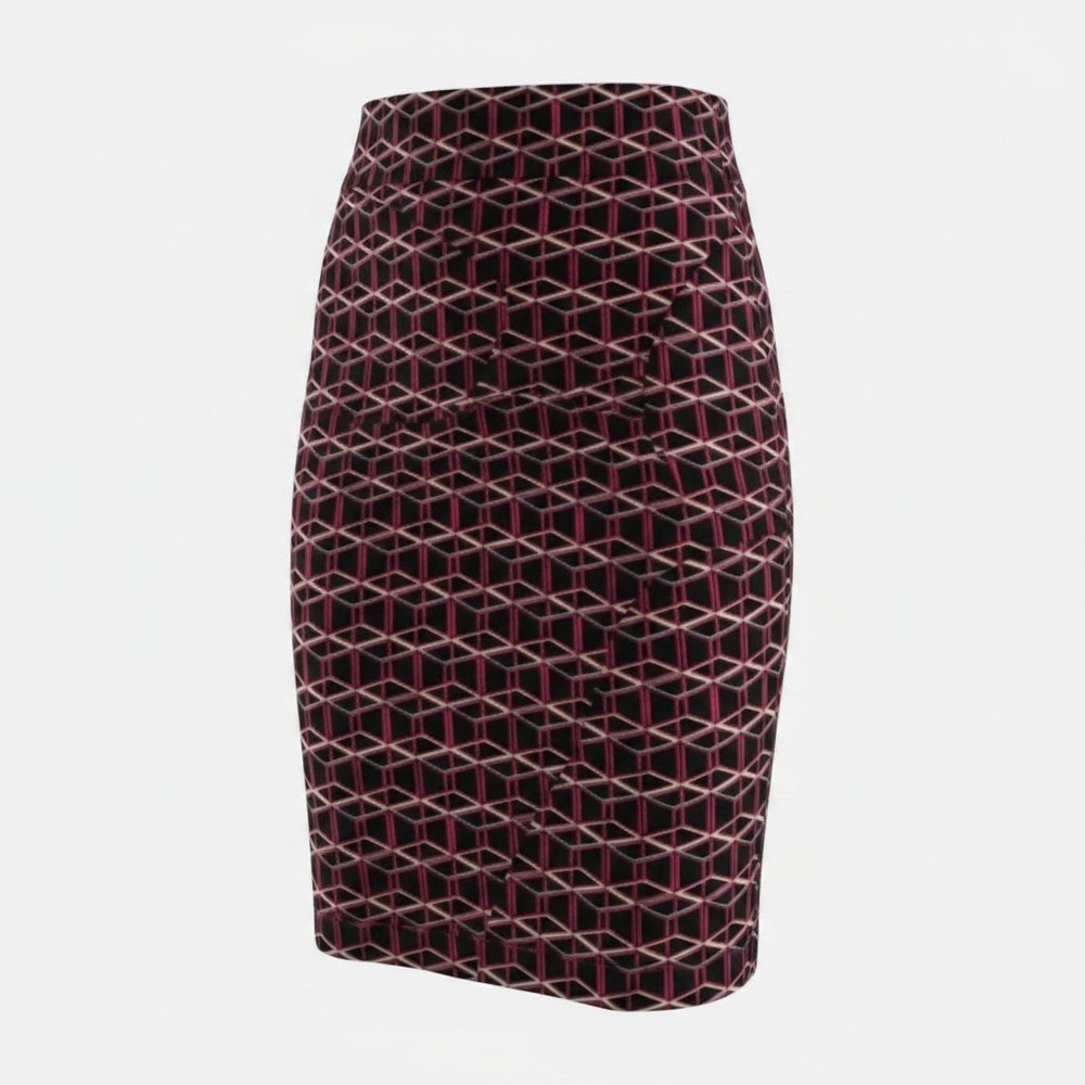 LuLaRoe Cassie Pencil Skirt Women Medium Pink Black Geometric Cube Print Stretch